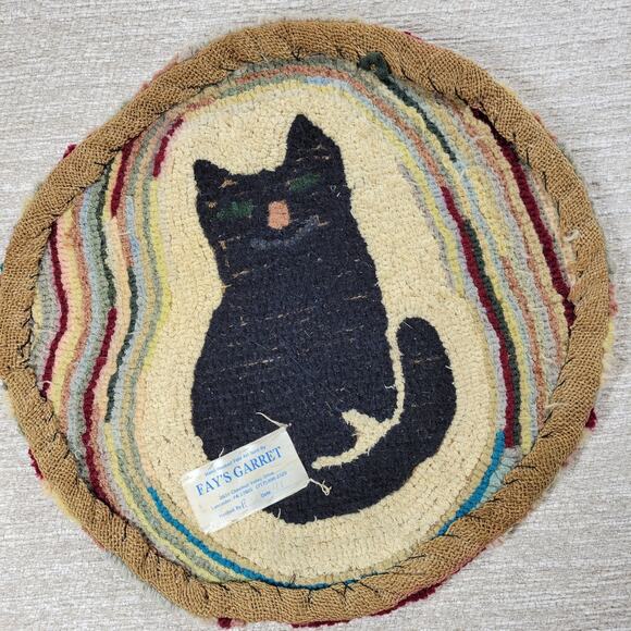 VTG Black Cat Fays Garret Seat Cushion Rug Round Hand Hook Loop Signed Folk Art - Picture 16 of 16